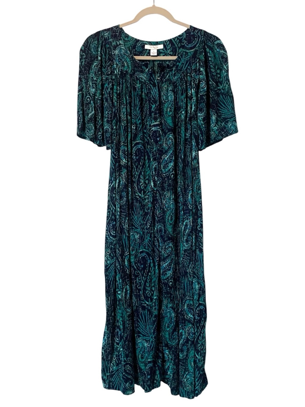 Go Softly Patio Dress Navy Blue Green Paisley Floral Rayon Popover Small S